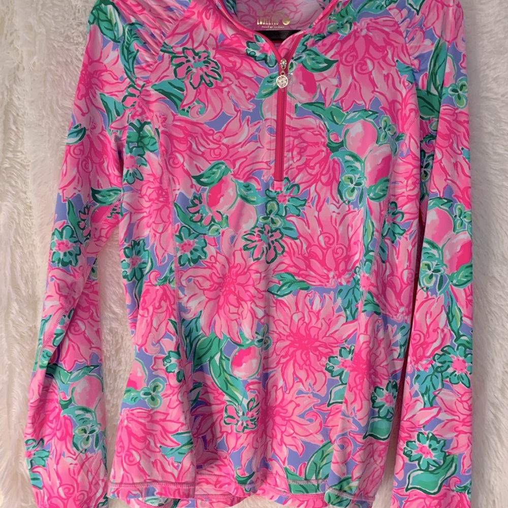 Lilly P half zip Justine pullover in “Pink Blossom” “Try your Zest” Lg NWT